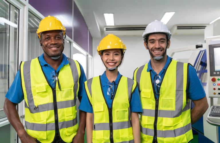 Trabajadores inspectores de seguridad industrial Tres trabajadores sonrientes en un entorno industrial, usando cascos y chalecos reflexivos.