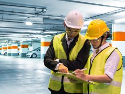 Inspectores en Garajes Dos ingenieros con cascos y chalecos realizan una inspección de desclasificación